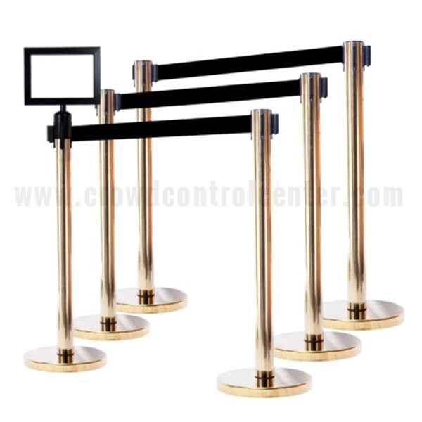 6 ECONOMY VERSION IN GOLD FINISH RETRACTABLE BELT STANCHIONS + 11" x 8" SignFrame, 36" HT BLK, 78" BLK BELT