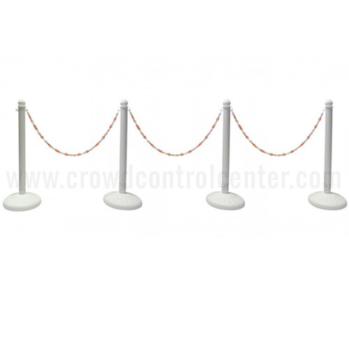 HEAVY DUTY PLASTIC STANCHION 4 PCS SET (WHITE) + 50' ORANGE/WHITE CHAIN