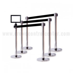 6 ECONOMY VERSION IN SATIN STAINLESS STEEL FINISH RETRACTABLE BELT STANCHIONS + 11" x 8" SignFrame, 36" HT BLK, 78" BLK BELT