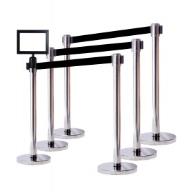 6 ECONOMY VERSION IN MIRROR POLISHED FINISH RETRACTABLE BELT STANCHIONS + 11" x 8" SignFrame, 36" HT BLK, 78" BLK BELT